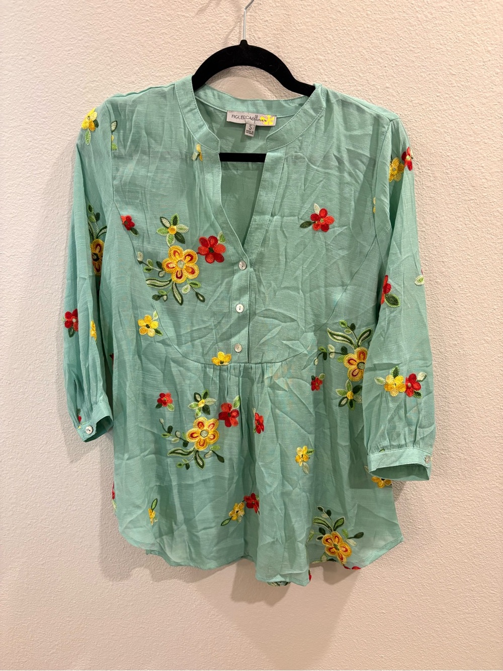 Light Mint Green Embroidered Floral Peasant Blouse